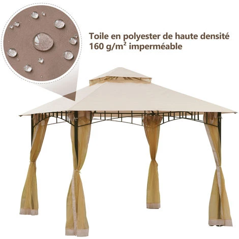 Outsunny Tonnelle Barnum Style Colonial Dim. 3L X 3l X 2,7H M Double Toit 4 Moustiquaires Latérales Avec Zip Beige - Beige 5 Outsunny Tonnelle Barnum Style Colonial Dim. 3L X 3l X 2,7H M Double Toit 4 Moustiquaires Latérales Avec Zip Beige - Beige – Image 3