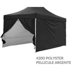 GREADEN Pack 4 CÔTÉS ( SANS STRUCTURE ) - NOIR - 3 MURS PLEINS AVEC UNE PORTE 420D POLYESTER PELLICULÉ ARGENTÉ 3X4,5M GAMME 32MM