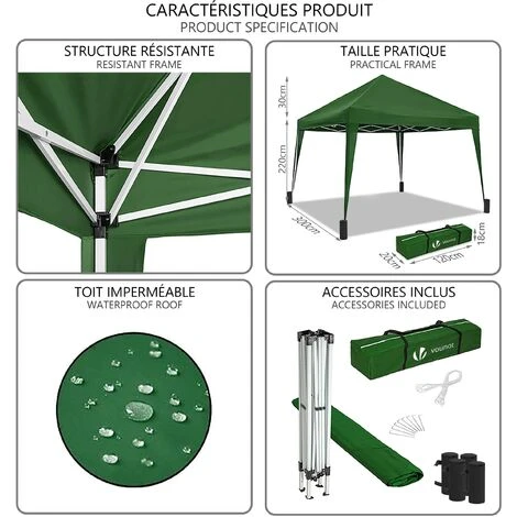 VOUNOT Tonnelle De Jardin 3x3m Pliable Verte Avec Sac De Transport 5 VOUNOT Tonnelle De Jardin 3x3m Pliable Verte Avec Sac De Transport – Image 3