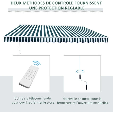 Outsunny Store Banne électrique Et Manuel Rétractable Dim. 3,95L X 3l (avancée) M Télécommande Fournie Alu. Polyester Haute Densité Imperméabilisé Anti-UV Vert Blanc Rayé 6 Outsunny Store Banne électrique Et Manuel Rétractable Dim. 3,95L X 3l (avancée) M Télécommande Fournie Alu. Polyester Haute Densité Imperméabilisé Anti-UV Vert Blanc Rayé – Image 4