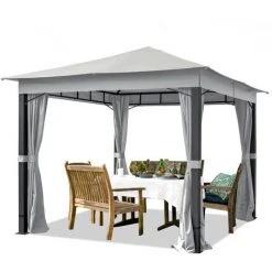 INTENT24.FR Pavillon De Jardin 3x3 M ALU Premium Env. 220g/m² Bâche Imperméable Tonnelle 4 Côtés Tente De Jardin Gris Clair Env. 9x9 Cm Profil - Gris