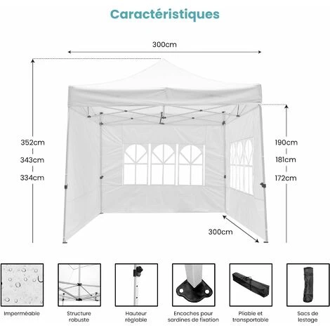 SKY LANTERN Tonnelle De Jardin Pliable 3x3 M 520D (320g/m2) + 4 Paroies Blanches + Kit De Lestage - Tonnelle Barnum Pliant Et Avec 4 Murs En Toile - Tente Pagode Pliable Imperméable Pour Reception Extérieure - Blanc 4 SKY LANTERN Tonnelle De Jardin Pliable 3x3 M 520D (320g/m2) + 4 Paroies Blanches + Kit De Lestage - Tonnelle Barnum Pliant Et Avec 4 Murs En Toile - Tente Pagode Pliable Imperméable Pour Reception Extérieure - Blanc – Image 2