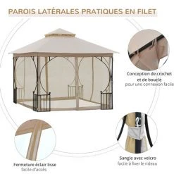 Outsunny Pavillon De Jardin Tonnelle Barnum Style Colonial Double Toit Toiles Moustiquaires Amovibles Zippées Dim. 2,95L X 2,95l X 2,75H M Beige Noir - Beige -Pergola Soldes 18253119 4