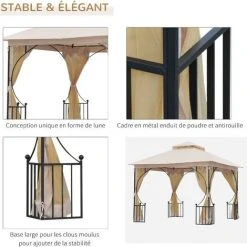 Outsunny Pavillon De Jardin Tonnelle Barnum Style Colonial Double Toit Toiles Moustiquaires Amovibles Zippées Dim. 2,95L X 2,95l X 2,75H M Beige Noir - Beige -Pergola Soldes 18253119 5