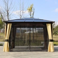 Outsunny Pavillon De Jardin Tonnelle Rigide Dim. 3,6L X 3l X 2,65H M 4 Parois Latérales Anti-UV Beige 4 Moustiquaires Zippées éclairage LED Solaire Alu Polycarbonate Noir Marron - Noir -Pergola Soldes 18679931 4