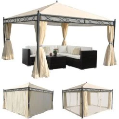 HHG Pergola Cadiz, Pavillon De Jardin, Cadre Stable à 7cm Avec Paroi Et Moustiquaire ~ Crème 3x3m 8 HHG Pergola Cadiz, Pavillon De Jardin, Cadre Stable à 7cm Avec Paroi Et Moustiquaire ~ Crème 3x3m -Pergola Soldes 18943999 2