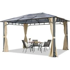 INTENT24.FR Tonnelle De Jardin 3x4 M Structure Aluminium Toit Polycarbonate épaisseur Env. 8 Mm Pavillon De Jardin 4 Rideaux Couleur Champagne Inclus - Champagne