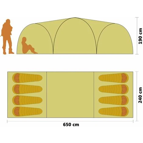VidaXL Tente Igloo De Camping 650x240x190 Cm 8 Personnes Jaune - Jaune 5 VidaXL Tente Igloo De Camping 650x240x190 Cm 8 Personnes Jaune - Jaune – Image 3