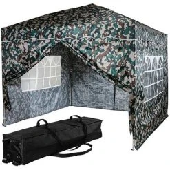 INSTENT® Tonnelle Pliante "BASIC" 3x3 M, 4 Panneaux Inclus, Couleur Camouflage Avec Sac De Rangement à Roulettes