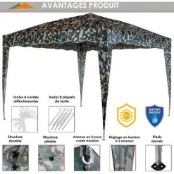 INSTENT® Tonnelle Pliante "BASIC" 3x3 M, 4 Panneaux Inclus, Couleur Camouflage Avec Sac De Rangement à Roulettes -Pergola Soldes 24975293 5