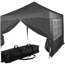 INSTENT® Structure De Tonnelle Pliante + 2 Panneaux, 3x3 M Acier BASIC Couleur Gris Anthracite, Avec Sac De Transport à Roulettes