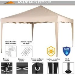 INSTENT® Structure De Tonnelle Pliante + 2 Panneaux, 3x3 M Acier BASIC Couleur Beige, Avec Sac De Transport à Roulettes -Pergola Soldes 24975323 5