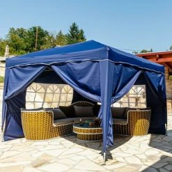 INSTENT® Tonnelle Pliante + 4 Panneaux, 3x3m Acier BASIC Couleur Bleu, Avec Sac De Transport à Roulettes -Pergola Soldes 24975325 3