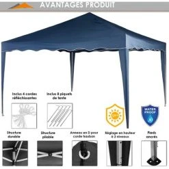 INSTENT® Tonnelle Pliante + 4 Panneaux, 3x3m Acier BASIC Couleur Bleu, Avec Sac De Transport à Roulettes -Pergola Soldes 24975325 5