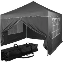 INSTENT® Tonnelle Pliante + 4 Panneaux, 3x3m Acier BASIC Couleur Gris Anthracite, Avec Sac De Transport à Roulettes