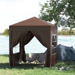 Outsunny Tonnelle De Jardin Tente Pliante Barnum Pop-up 2 X 2 M 4 Parois Latérales Amovibles 2 Fenêtres Sac De Transport Pour Camping, Festival, Plage, Jardin Chocolat - Marron -Pergola Soldes 25006932 3