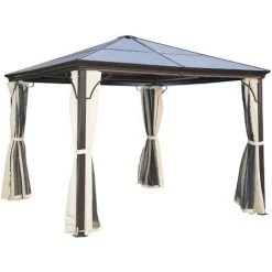Outsunny Tonnelle Pavillon De Jardin Imperméable 4 Parois Latérales Anti-UV 4 Moustiquaires Panneaux Polycarbonate Alu 3L X 3l X 2,6H M Chocolat Beige - Marron