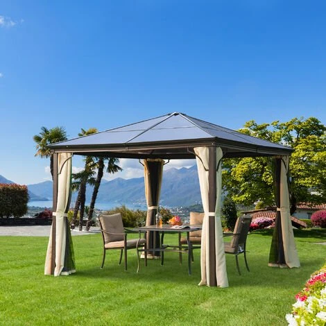 Outsunny Tonnelle Pavillon De Jardin Imperméable 4 Parois Latérales Anti-UV 4 Moustiquaires Panneaux Polycarbonate Alu 3L X 3l X 2,6H M Chocolat Beige - Marron 4 Outsunny Tonnelle Pavillon De Jardin Imperméable 4 Parois Latérales Anti-UV 4 Moustiquaires Panneaux Polycarbonate Alu 3L X 3l X 2,6H M Chocolat Beige - Marron – Image 2