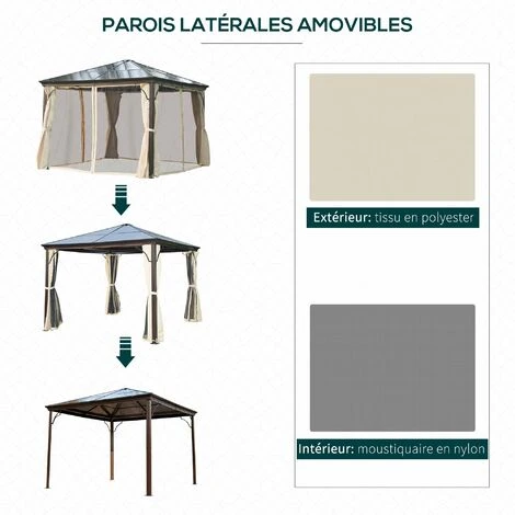 Outsunny Tonnelle Pavillon De Jardin Imperméable 4 Parois Latérales Anti-UV 4 Moustiquaires Panneaux Polycarbonate Alu 3L X 3l X 2,6H M Chocolat Beige - Marron 7 Outsunny Tonnelle Pavillon De Jardin Imperméable 4 Parois Latérales Anti-UV 4 Moustiquaires Panneaux Polycarbonate Alu 3L X 3l X 2,6H M Chocolat Beige - Marron – Image 5