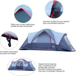 Outsunny Tente De Camping Familiale 5-6 Pers. - Grande Porte + 3 Fenêtres - Dim. 4,55L X 2,3l X 1,8H M Fibre Verre Polyester Oxford Gris - Gris -Pergola Soldes 25007659 5