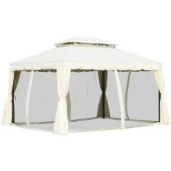 Outsunny Tonnelle Barnum Pavillon De Jardin Style Colonial Double Toit Toile Moustiquaires Et Toiles Amovibles 3,9L X 2,9l X 2,7H M écru - Ecru