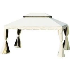 Outsunny Tonnelle Barnum Pavillon De Jardin Style Colonial Double Toit Toile Moustiquaires Et Toiles Amovibles 3,9L X 2,9l X 2,7H M écru - Ecru -Pergola Soldes 25009154 4