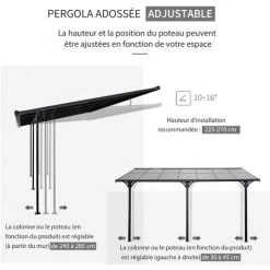 Outsunny Pergola Rigide Alu. Polycarbonate Dim. 4,35L X 3l X 2,7H M Pavillon De Jardin Adossable Gris - Gris -Pergola Soldes 27823674 4