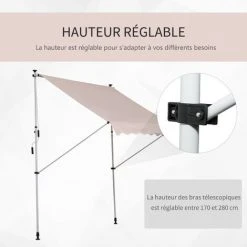 Outsunny Store Banne Manuel Rétractable 2L X 1,5l X 1,7-2,8H M Inclinaison Réglable Installation Rapide Métal Alu Polyester Beige -Pergola Soldes 28561665 5