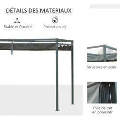 Outsunny Pergola Rétractable 2,98L X 2,13l X 2,22H M Structure Métal époxy Anticorrosion Toile Polyester Haute Densité 180 G/m² Incluse Gris - Gris -Pergola Soldes 28910102 5