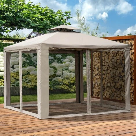 Outsunny Pavillon De Jardin Tonnelle Barnum Style Colonial Double Toit Toiles Moustiquaires Amovibles Zippées Taupe - Taupe 4 Outsunny Pavillon De Jardin Tonnelle Barnum Style Colonial Double Toit Toiles Moustiquaires Amovibles Zippées Taupe - Taupe – Image 2