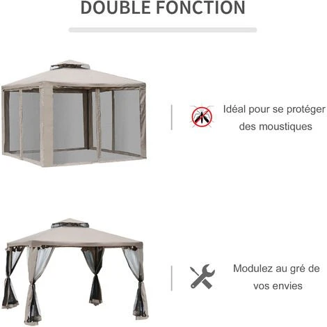 Outsunny Pavillon De Jardin Tonnelle Barnum Style Colonial Double Toit Toiles Moustiquaires Amovibles Zippées Taupe - Taupe 6 Outsunny Pavillon De Jardin Tonnelle Barnum Style Colonial Double Toit Toiles Moustiquaires Amovibles Zippées Taupe - Taupe – Image 4