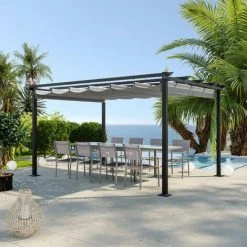 AVRIL PARIS Tonnelle/Pergola En Aluminium 3x4m Toile Coulissante Rétractable - Gris - HAVANA - Gris