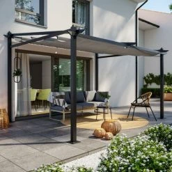 AVRIL PARIS Tonnelle/Pergola Mural En Aluminium 3x4m Toile Coulissante Rétractable - Gris - LISBOA - Gris