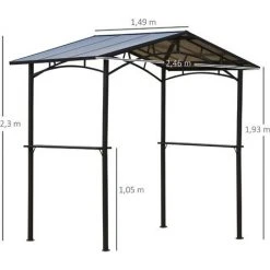 Outsunny Pavillon Jardin - Abri Barbecue - Steakhouse 2 étagères - Toit De Barbecue - Dim. 2,46L X 1,49l X 2,30H M - Alu. Métal Noir Toit Polycarbonate - Noir -Pergola Soldes 30632956 3