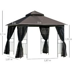 Outsunny Tonnelle Barnum Style Colonial Double Toit Toile Moustiquaires Amovibles 4 étagères D'angle Métal époxy Polyester Chocolat - Marron -Pergola Soldes 31653906 3