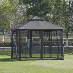 Outsunny Tonnelle Barnum Style Colonial Double Toit Toile Moustiquaires Amovibles 4 étagères D'angle Métal époxy Polyester Chocolat - Marron -Pergola Soldes 31653906 4