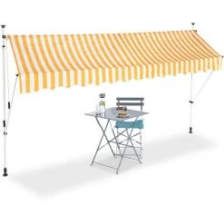 Relaxdays Auvent Rétractable 350 Cm Store Balcon Marquise Soleil Terrasse Hauteur Réglable Sans Perçage, Jaune-blanc