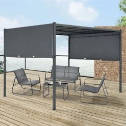 Pergola Fortaleza LED Solaire Acier Polyester 400 X 300 Cm Gris Foncé [en.casa]