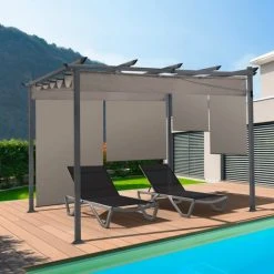IDMARKET Pergola édition Spéciale Toit Rétractable 3x4 M Et 4 Stores Taupe