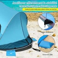COSTWAY Tente De Plage Pliable Pop-up Automatique Instantanée 3-4 Personnes Anti UV 220x159x115cm Avec 8 Sardines 4 Cordes D’Ancrage -Pergola Soldes 32759282 4