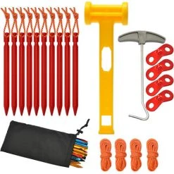 BETTERLIFE Lot De 10 Clous De Sol Pour Tente, Avec Corde Coupe-Vent, Extracteur De Clous, Marteau En Plastique, Boucle à Double œil, Pour La Tente De Camping En Plein Air, Les Auvents, La Randonnée.（rouge）