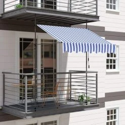 MVPOWER Auvent Balcon, Store Balcon Imperméable Avec Manivelle, Sans Perçage, Résistant Aux UV Réglable En Hauteur，en Métal Et Polyester, Bleu Et Blanc 350 X 120 Cm -Pergola Soldes 35021013 5