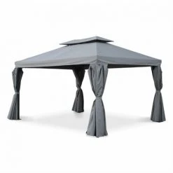 ALICE'S GARDEN Pergola Aluminium - Divodorum 3x4m - Toile Grise - Tonnelle Avec Rideaux. Structure Aluminium - Gris