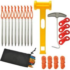 TRIOMPHE Lot De 10 Clous De Sol Pour Tente, Avec Corde Coupe-Vent, Extracteur De Clous, Marteau En Plastique, Boucle à Double œil, Pour La Tente De Camping En Plein Air, Les Auvents, La Randonnée.（Argent）
