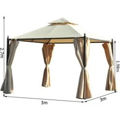 Outsunny Tonnelle Barnum Style Colonial 3 X 3 X 2,7 M Double Toit 4 Toiles Latérales Avec Zip Beige Et Noir - Beige -Pergola Soldes 3734738 3