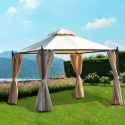 Outsunny Tonnelle Barnum Style Colonial 3 X 3 X 2,7 M Double Toit 4 Toiles Latérales Avec Zip Beige Et Noir - Beige -Pergola Soldes 3734738 5