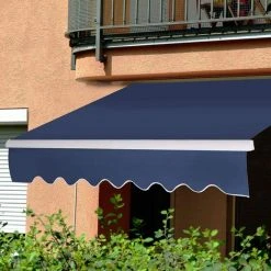 GOPLUS Store Banne Auvent Manuel Rétractable Avec Manivelle En Aluminium Et Polyester, Imperméable, Résistant Aux UV, Pour Terrasse, Bistro, Balcon, Imperméable,300X250CM (Bleu) -Pergola Soldes 40243823 3