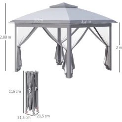 Outsunny Tonnelle Barnum De Jardin Pop-up Pliant - Dim. 3,30L X 3,30l X 2,88H M - Hauteur Réglable, Double Toit, Sac Transport - Métal époxy, Oxford, Moustiquaires - Gris - Gris -Pergola Soldes 47582380 3
