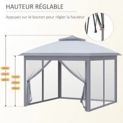 Outsunny Tonnelle Barnum De Jardin Pop-up Pliant - Dim. 3,30L X 3,30l X 2,88H M - Hauteur Réglable, Double Toit, Sac Transport - Métal époxy, Oxford, Moustiquaires - Gris - Gris -Pergola Soldes 47582380 5