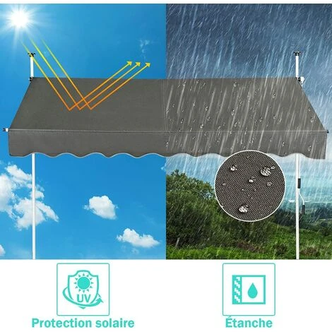GOPLUS Store Banne Manuel Rétractable En Aluminium,Auvent Banne De Balcon Rétractable Avec Tissu Oxford,Hauteur Réglable 2-3M,Protection Solaire Et Pluie Pour Jardin (2,5X1,2M, Gris) 4 GOPLUS Store Banne Manuel Rétractable En Aluminium,Auvent Banne De Balcon Rétractable Avec Tissu Oxford,Hauteur Réglable 2-3M,Protection Solaire Et Pluie Pour Jardin (2,5X1,2M, Gris) – Image 2